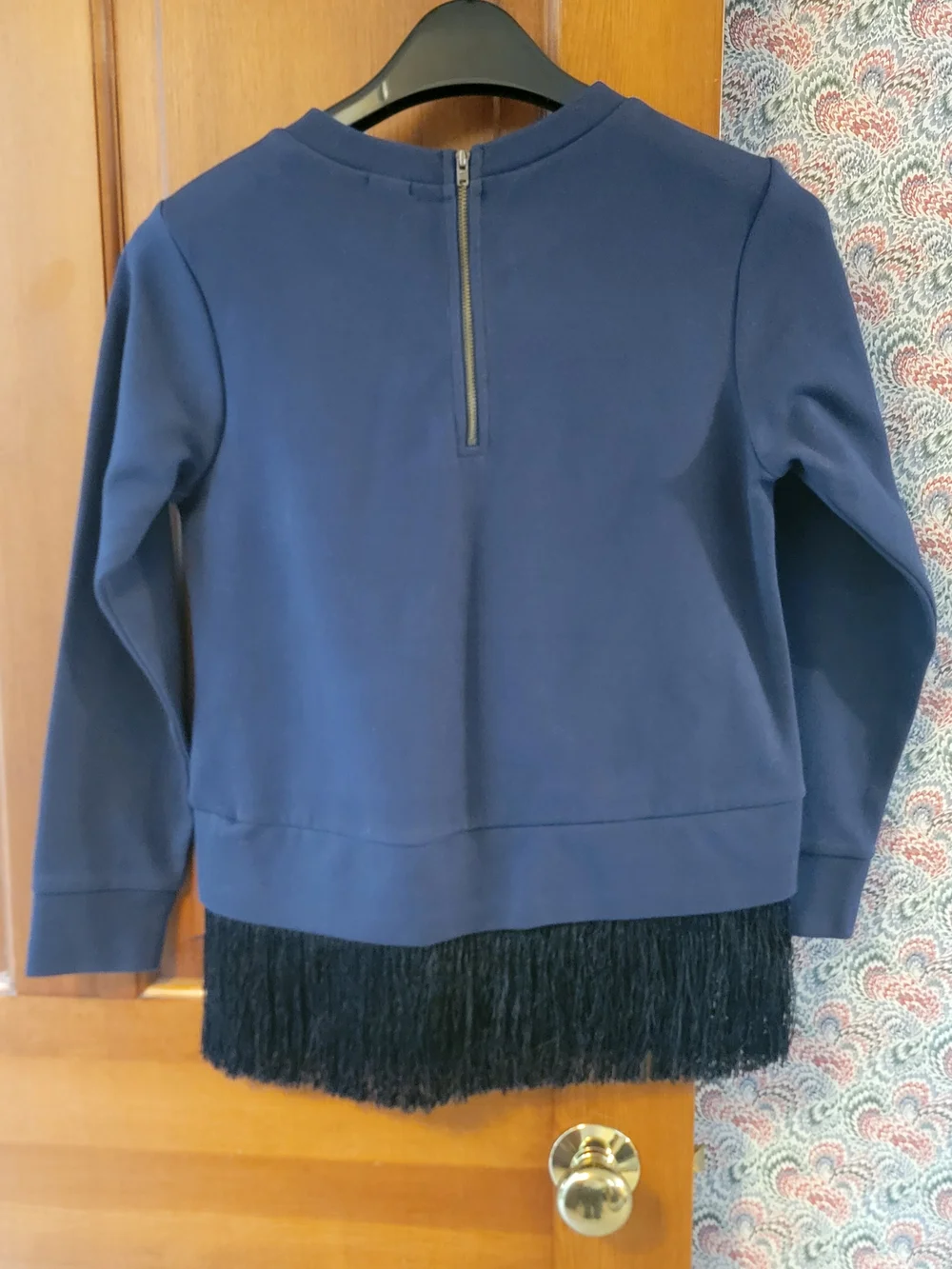 J.Crew Navy Blue Black Fringe Hem Sweatshirt Back Zip Pullover Style E4354 XS